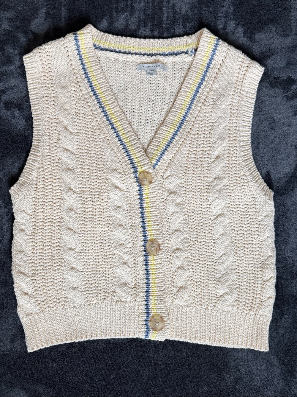 American Eagle Outfitters Cream Cable-Knit Button Vest with Blue & Yellow Trim